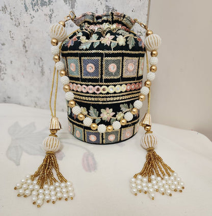 Vintage Mirror Embroidered Potli Bag with Pearl Tassels