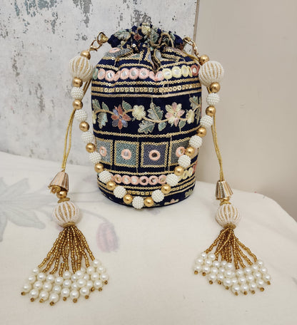 Vintage Mirror Embroidered Potli Bag with Pearl Tassels