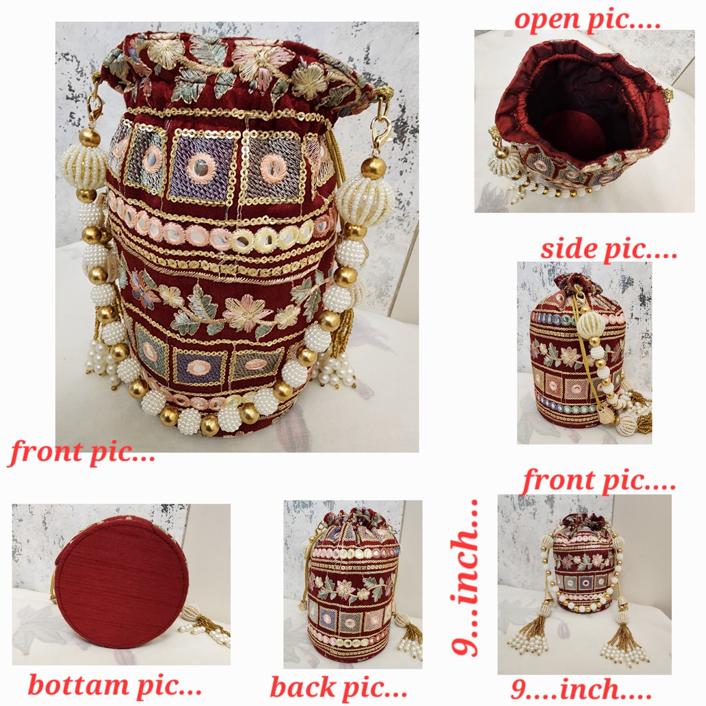 Vintage Mirror Embroidered Potli Bag with Pearl Tassels