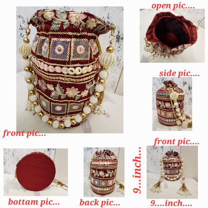 Vintage Mirror Embroidered Potli Bag with Pearl Tassels