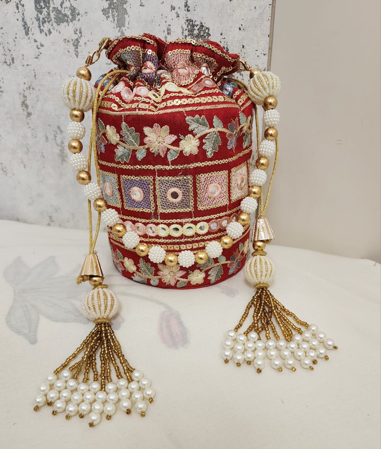 Vintage Mirror Embroidered Potli Bag with Pearl Tassels