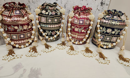 Vintage Mirror Embroidered Potli Bag with Pearl Tassels