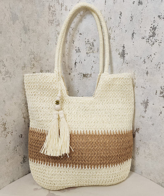 Boho Chic Jute Beach Tote Bag with Tassel Charm