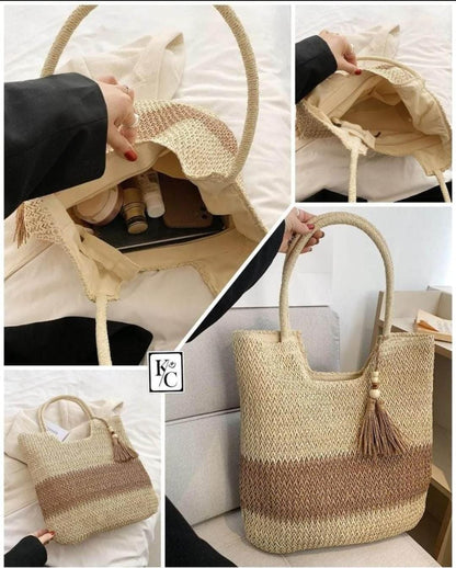 Boho Chic Jute Beach Tote Bag with Tassel Charm