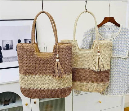 Boho Chic Jute Beach Tote Bag with Tassel Charm