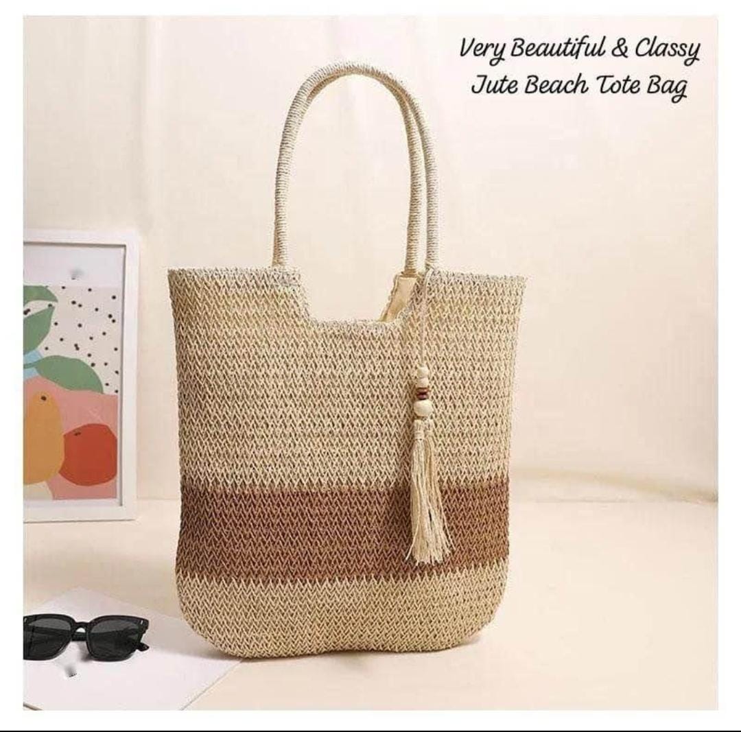 Boho Chic Jute Beach Tote Bag with Tassel Charm