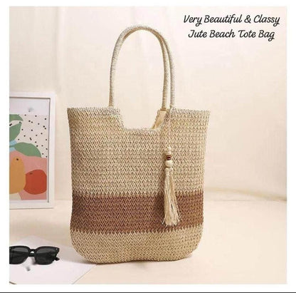 Boho Chic Jute Beach Tote Bag with Tassel Charm
