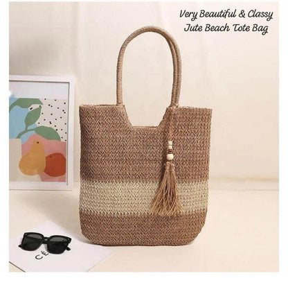 Boho Chic Jute Beach Tote Bag with Tassel Charm