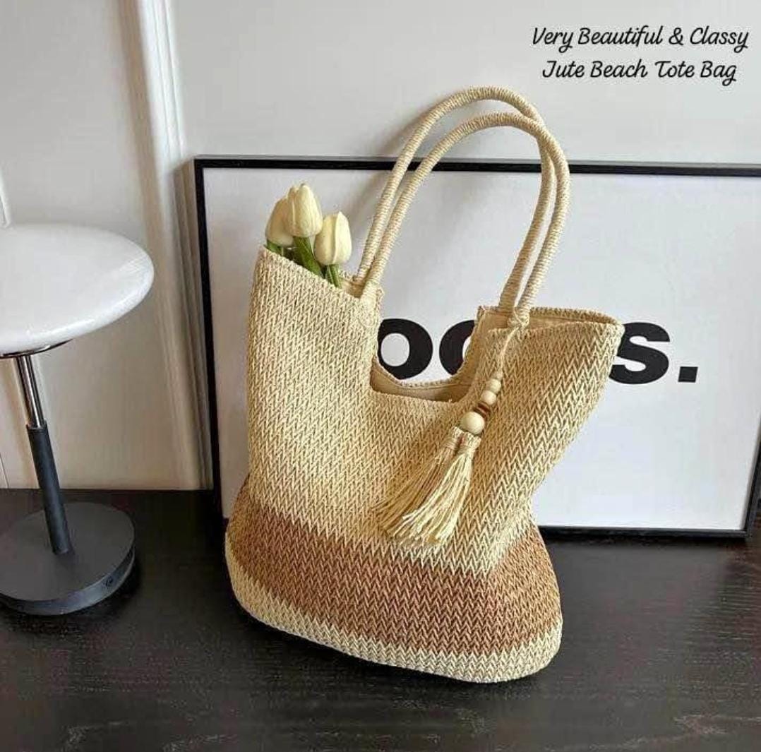 Boho Chic Jute Beach Tote Bag with Tassel Charm