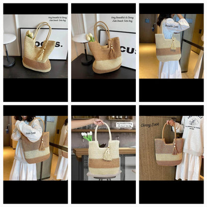 Boho Chic Jute Beach Tote Bag with Tassel Charm