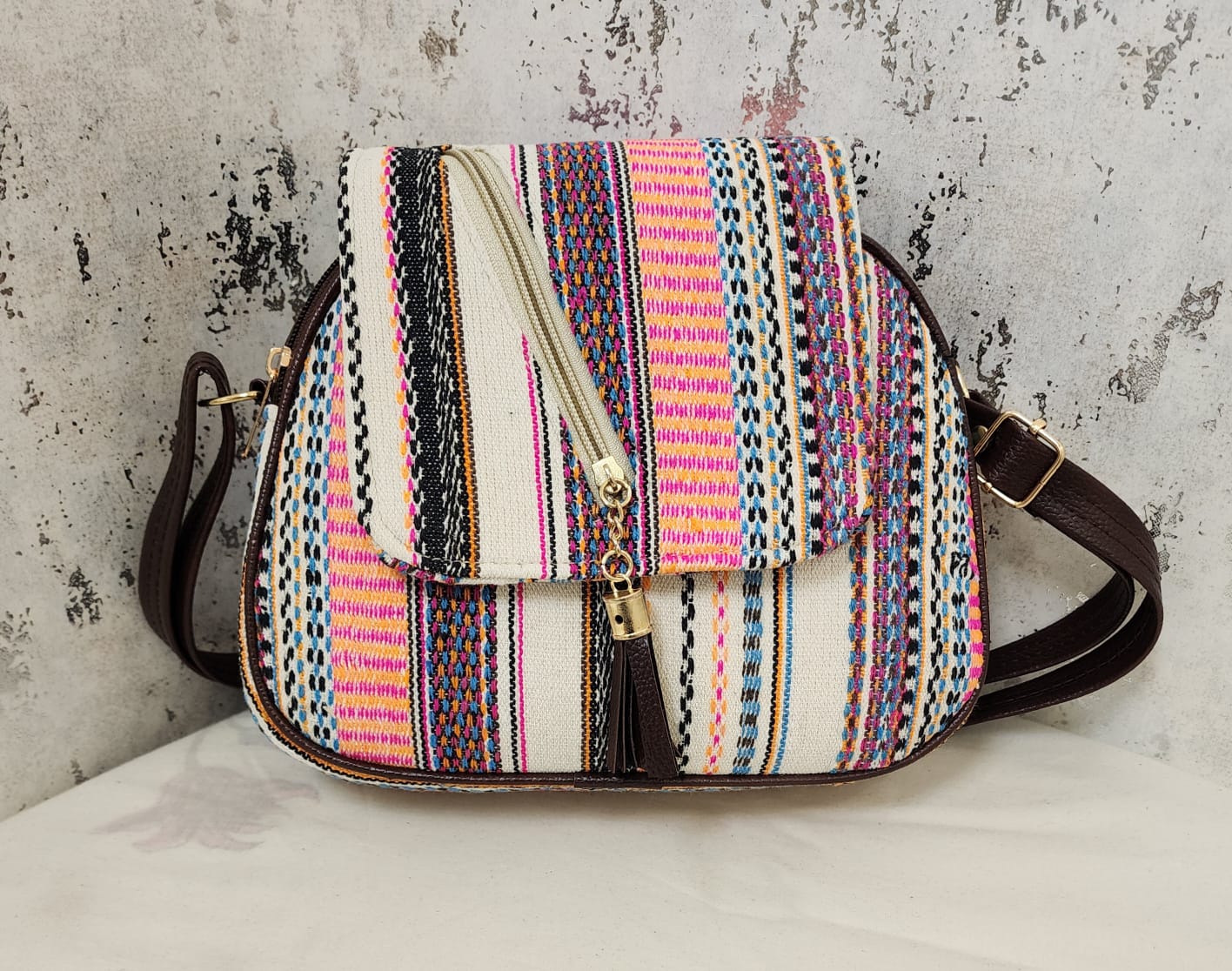 Tribal Chic Black & White Sling Bag with Tassel Detail