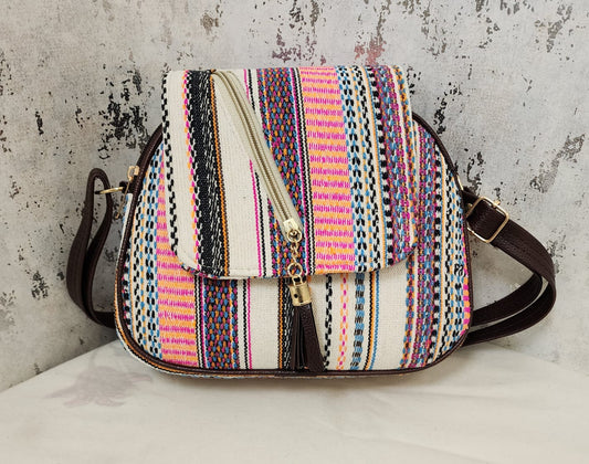 Tribal Chic Black & White Sling Bag with Tassel Detail