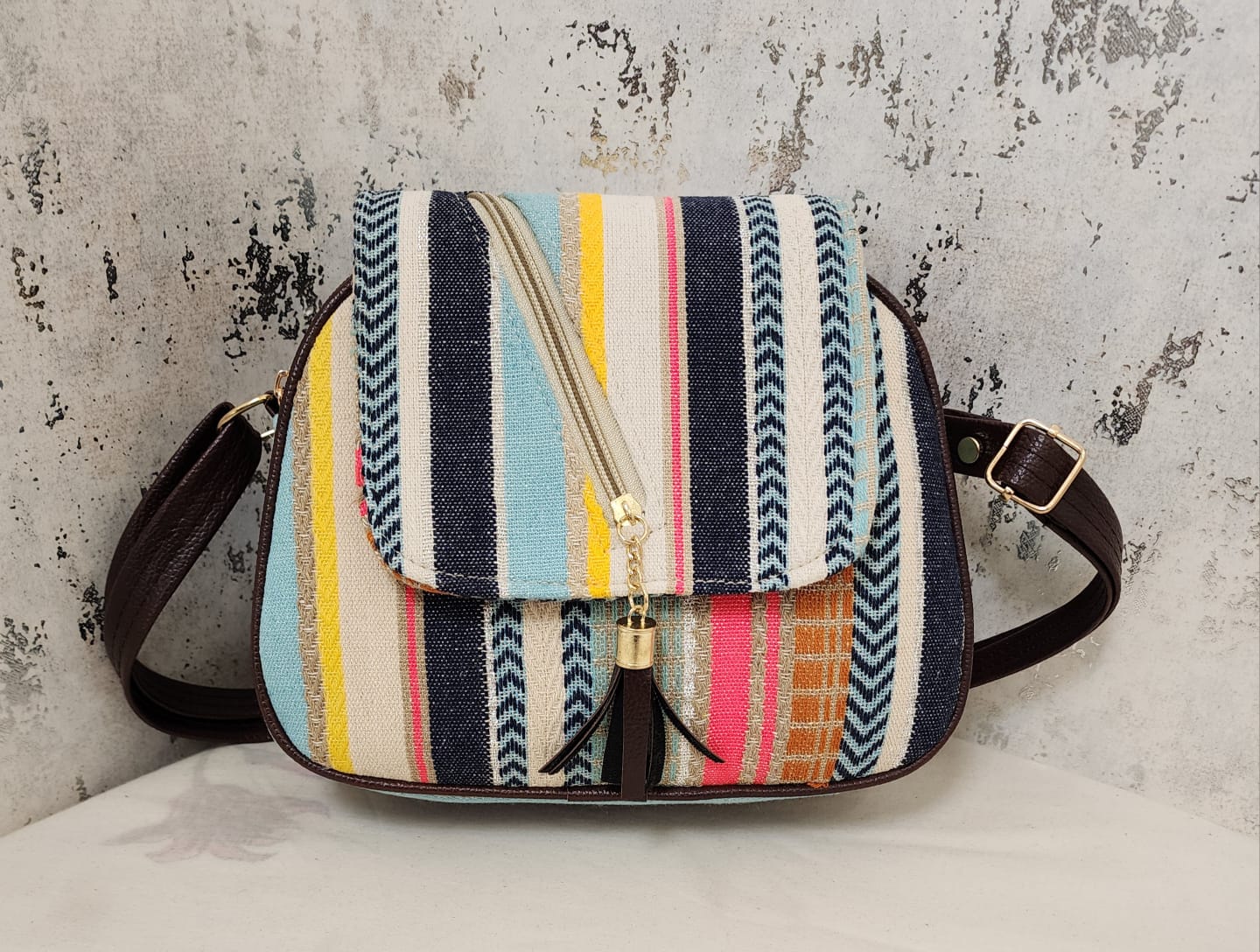 Tribal Chic Black & White Sling Bag with Tassel Detail