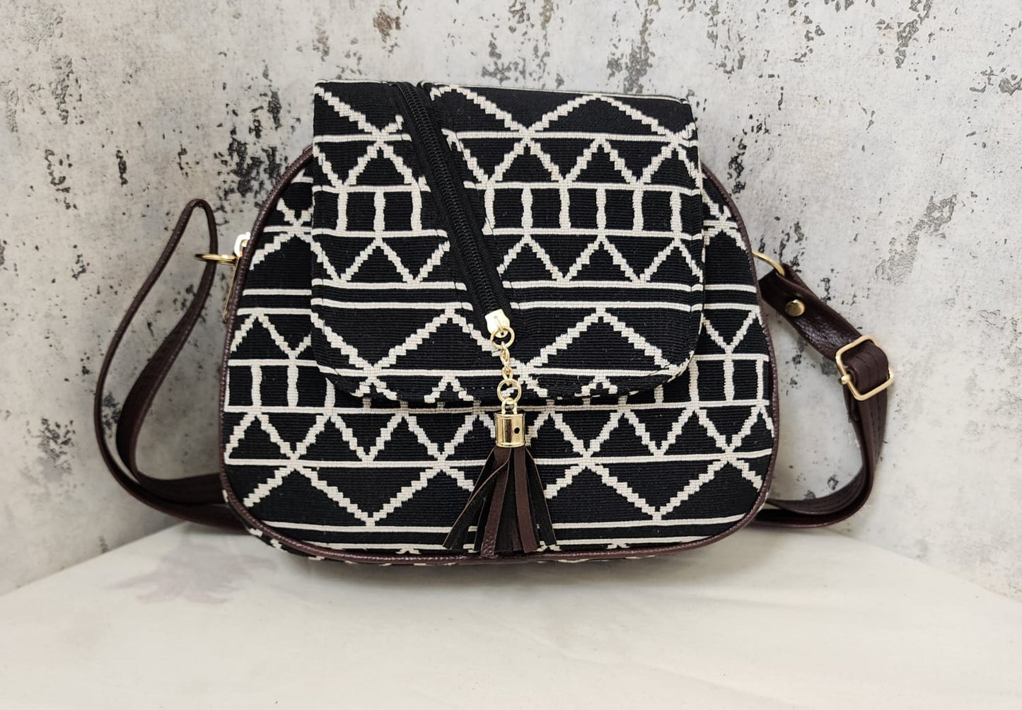 Tribal Chic Black & White Sling Bag with Tassel Detail