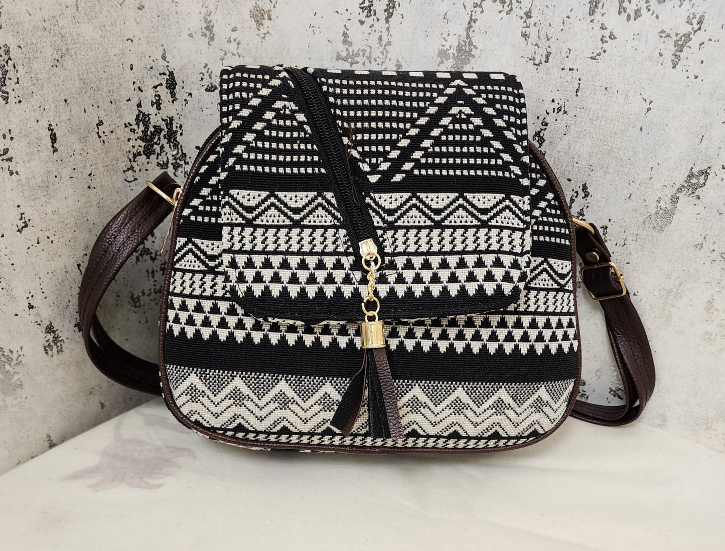Tribal Chic Black & White Sling Bag with Tassel Detail