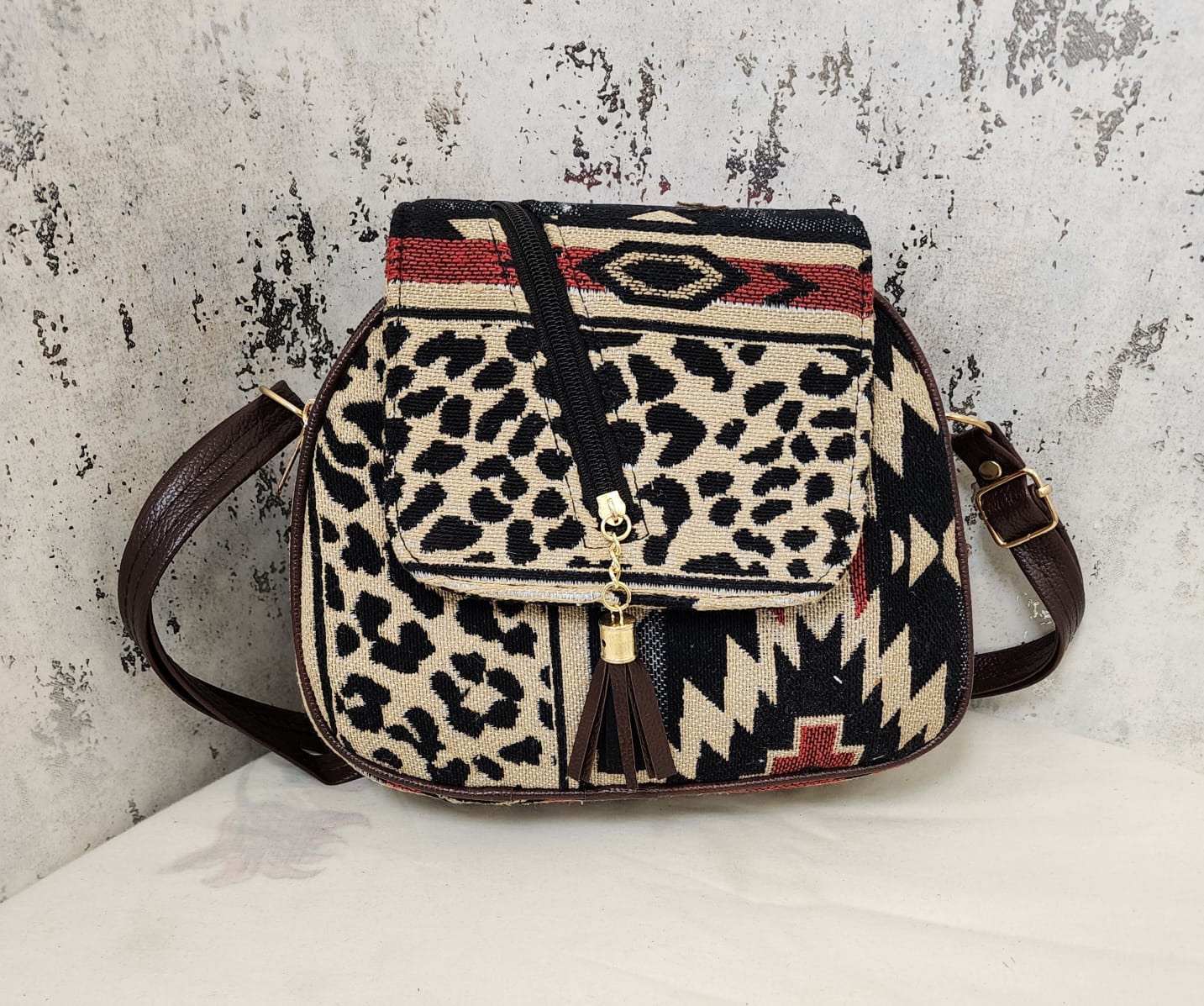 Tribal Chic Black & White Sling Bag with Tassel Detail