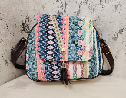 Tribal Chic Black & White Sling Bag with Tassel Detail