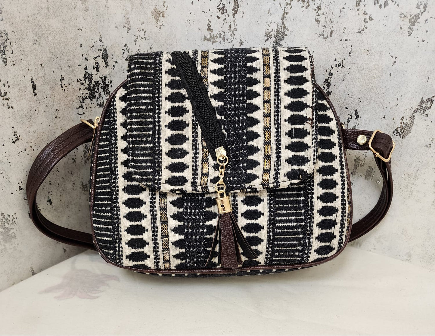 Tribal Chic Black & White Sling Bag with Tassel Detail