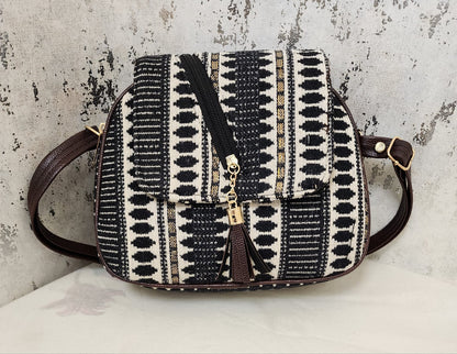 Tribal Chic Black & White Sling Bag with Tassel Detail