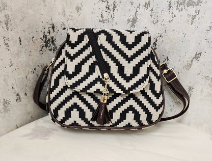 Tribal Chic Black & White Sling Bag with Tassel Detail