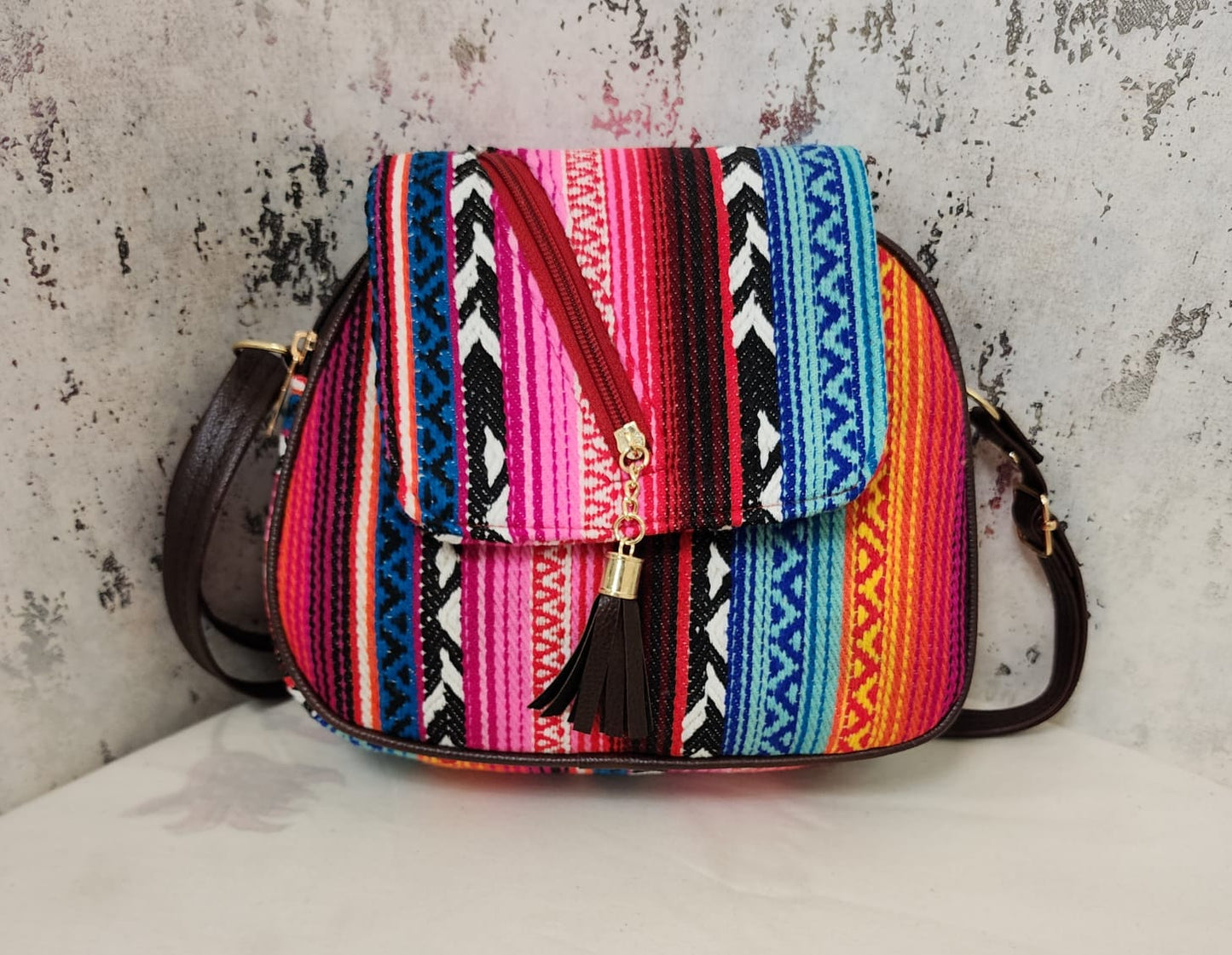 Tribal Chic Black & White Sling Bag with Tassel Detail