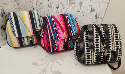 Tribal Chic Black & White Sling Bag with Tassel Detail