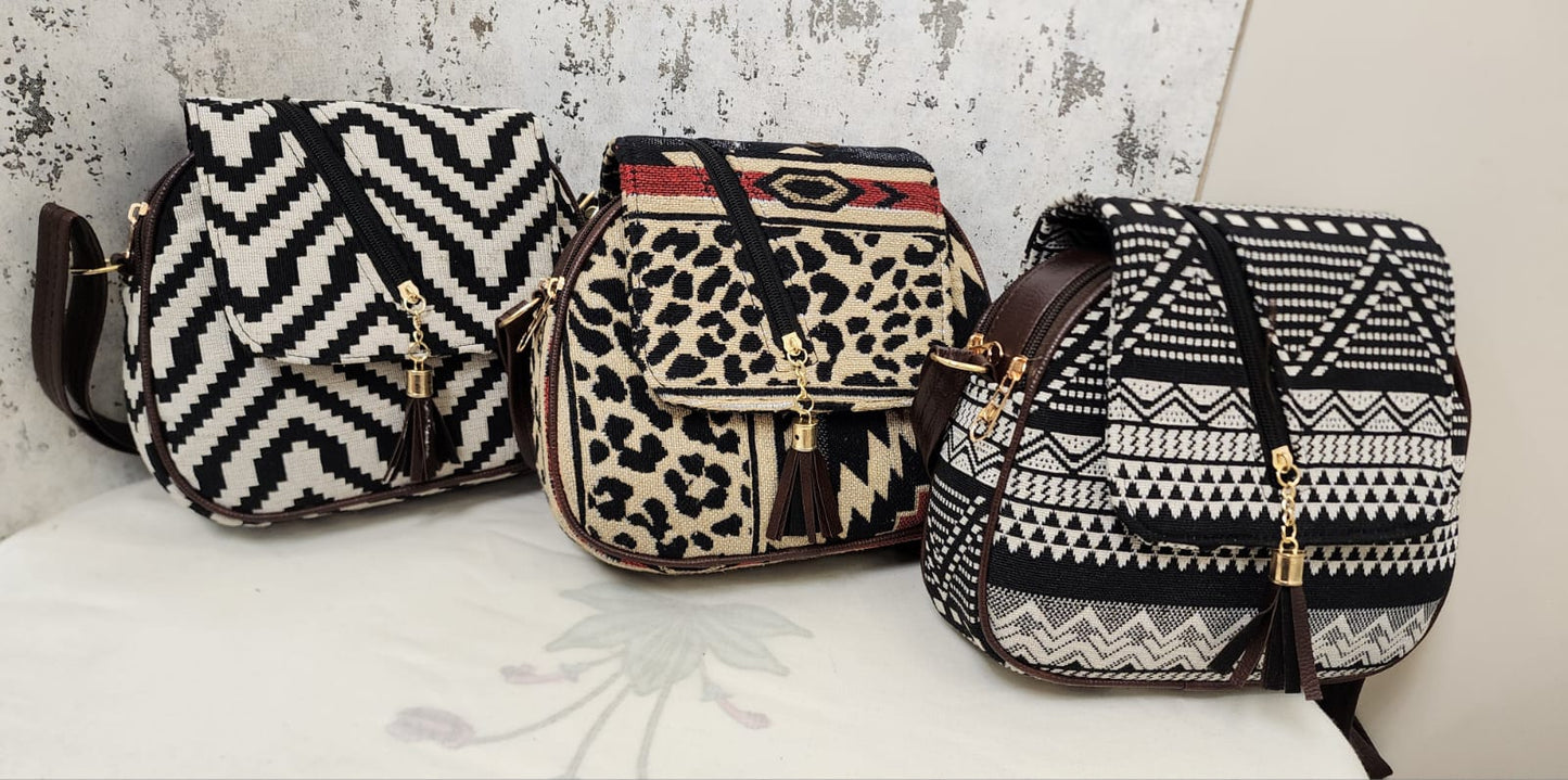 Tribal Chic Black & White Sling Bag with Tassel Detail