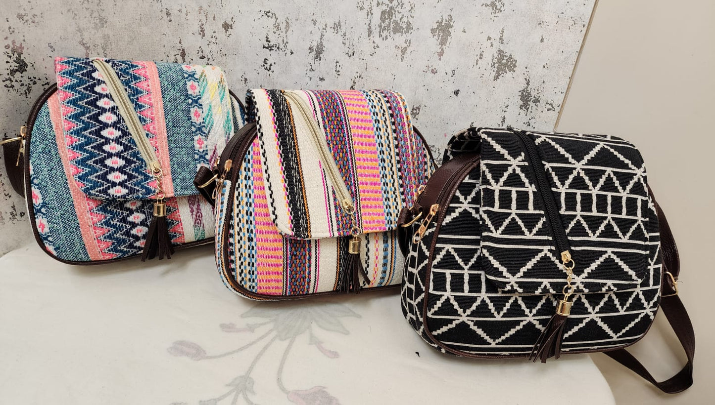 Tribal Chic Black & White Sling Bag with Tassel Detail
