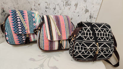 Tribal Chic Black & White Sling Bag with Tassel Detail