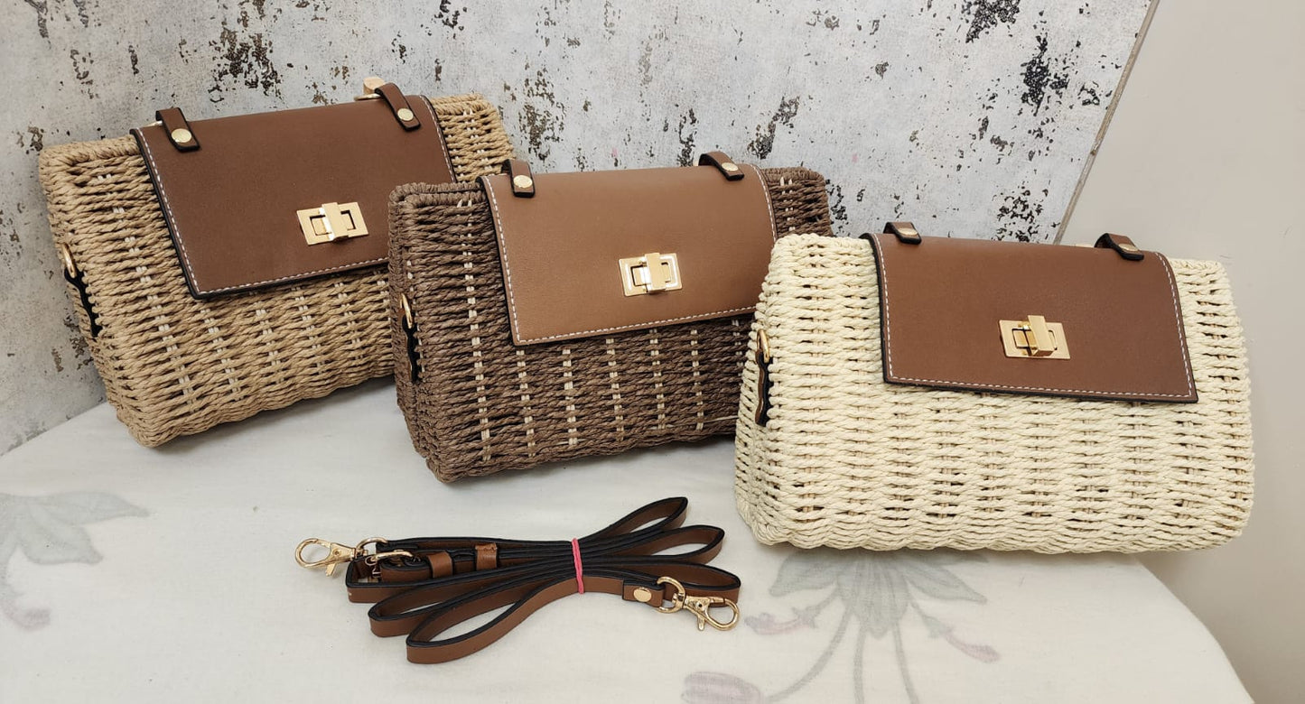 Handwoven Straw Sling Bags with Faux Leather Flap