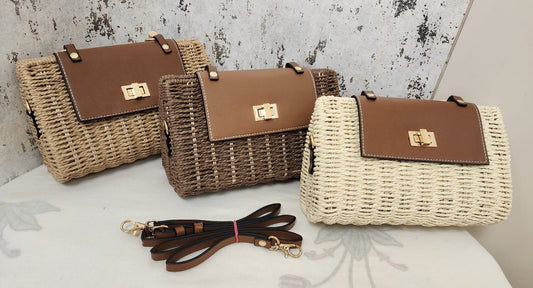 Handwoven Straw Sling Bags with Faux Leather Flap