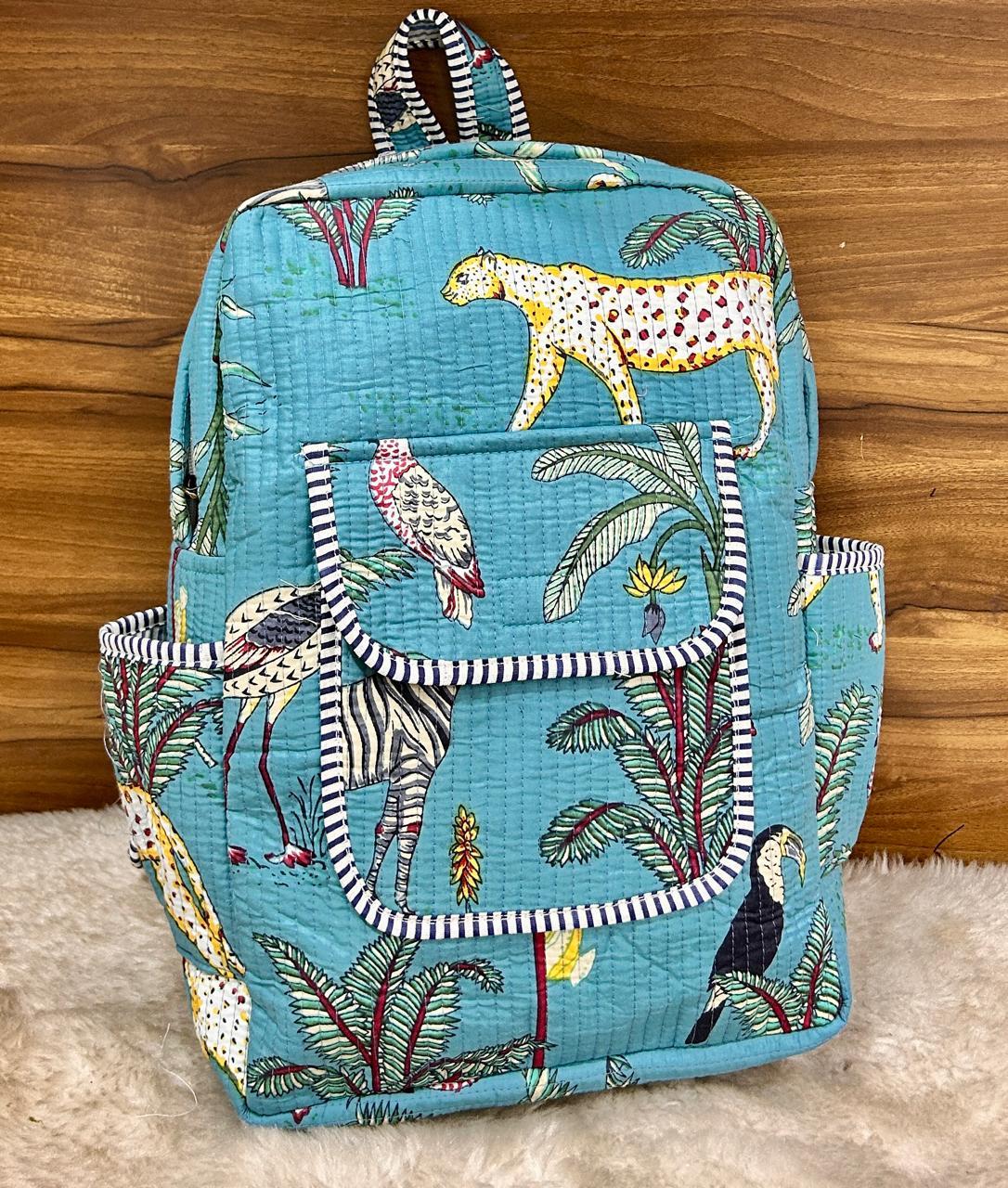 Handcrafted Cotton Quilted Backpack with Tropical Print