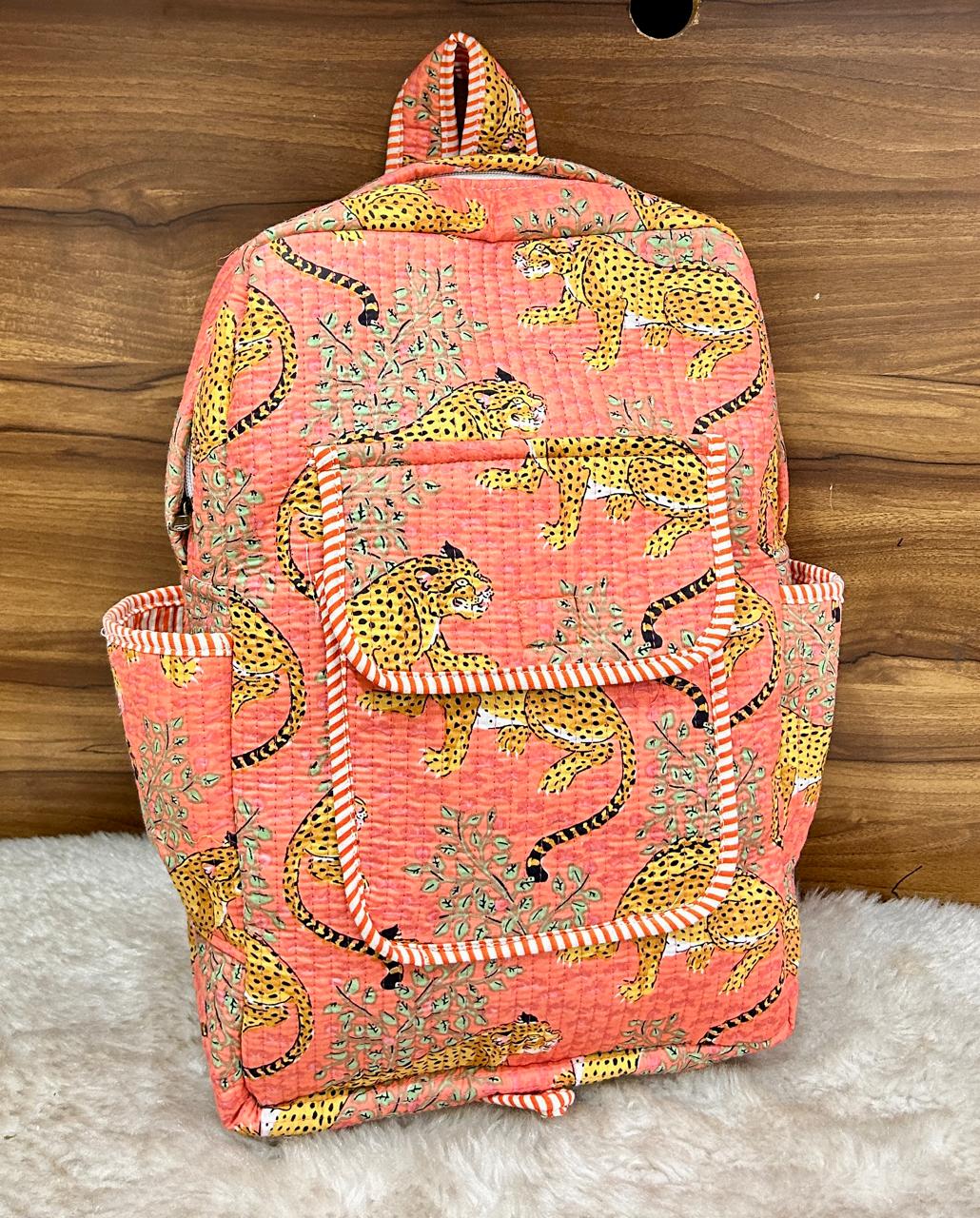 Handcrafted Cotton Quilted Backpack with Tropical Print