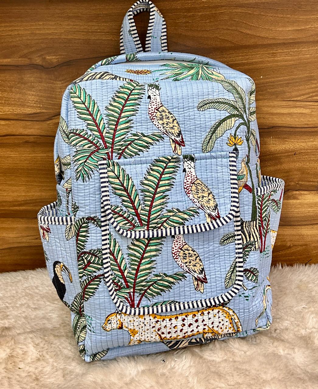 Handcrafted Cotton Quilted Backpack with Tropical Print