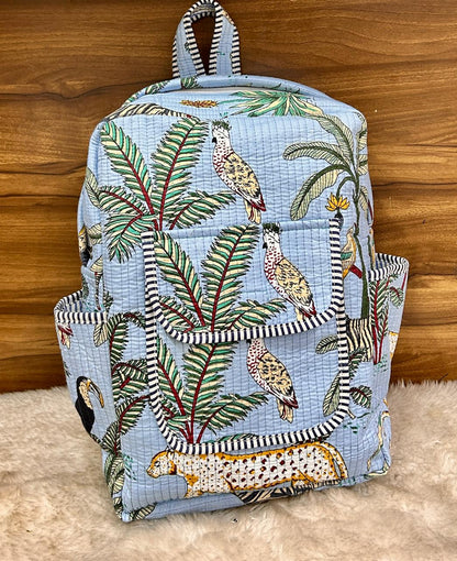 Handcrafted Cotton Quilted Backpack with Tropical Print