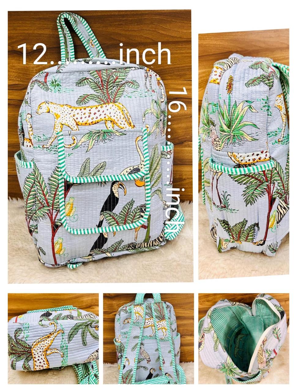 Handcrafted Cotton Quilted Backpack with Tropical Print