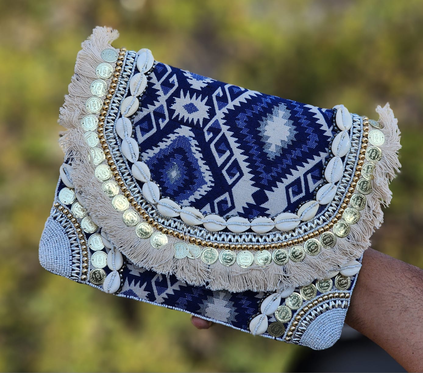 Boho Tribal Shell Embellished Clutch Bag – Navy Blue & Beige