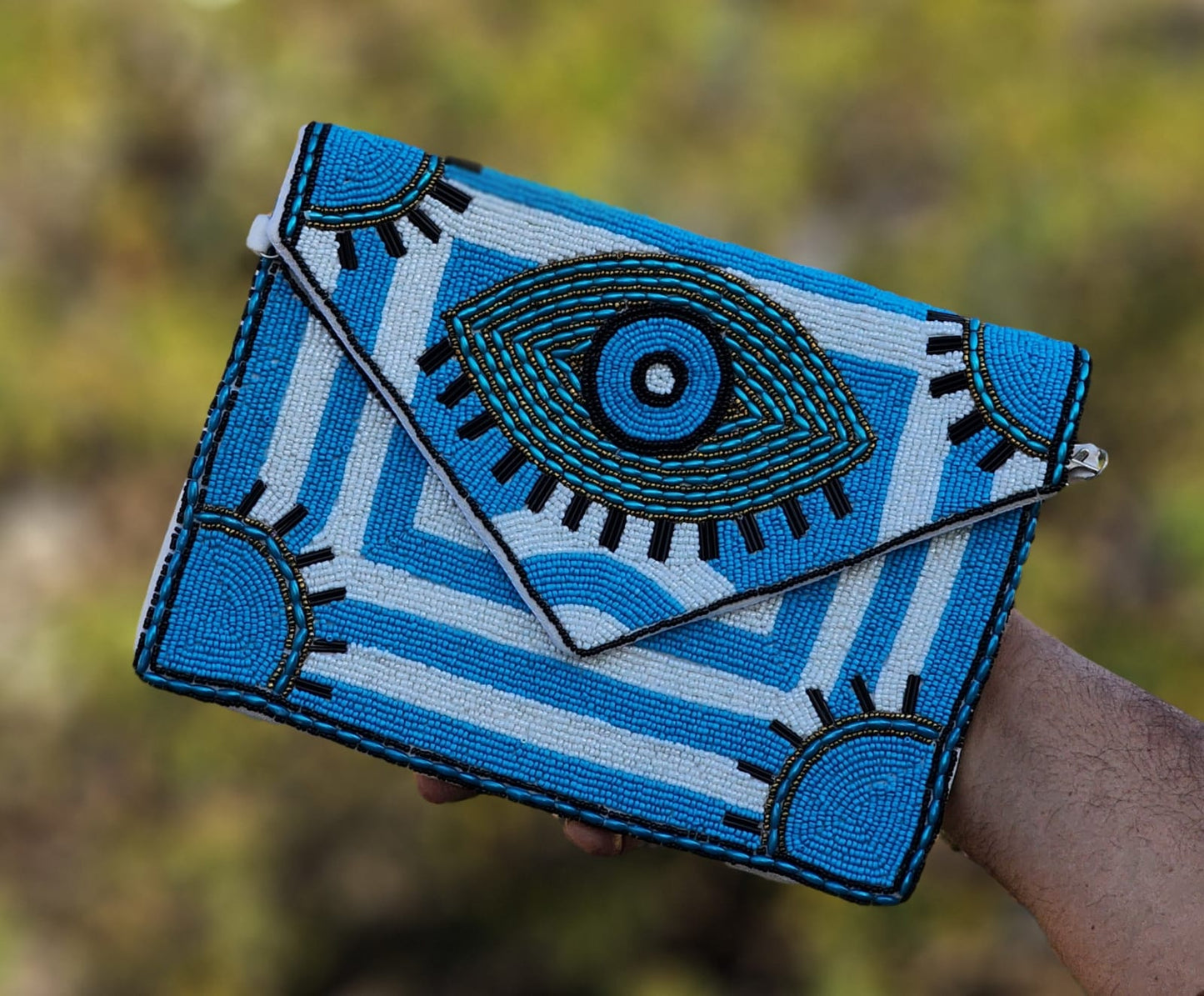 Boho Tribal Shell Embellished Clutch Bag – Navy Blue & Beige