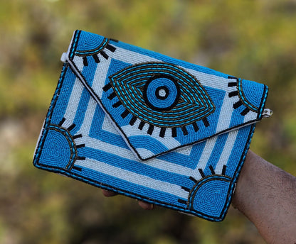 Boho Tribal Shell Embellished Clutch Bag – Navy Blue & Beige