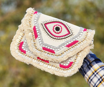 Boho Tribal Shell Embellished Clutch Bag – Navy Blue & Beige
