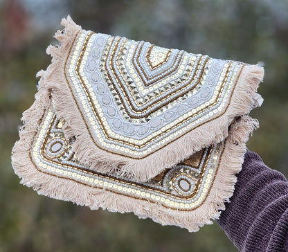 Boho Tribal Shell Embellished Clutch Bag – Navy Blue & Beige