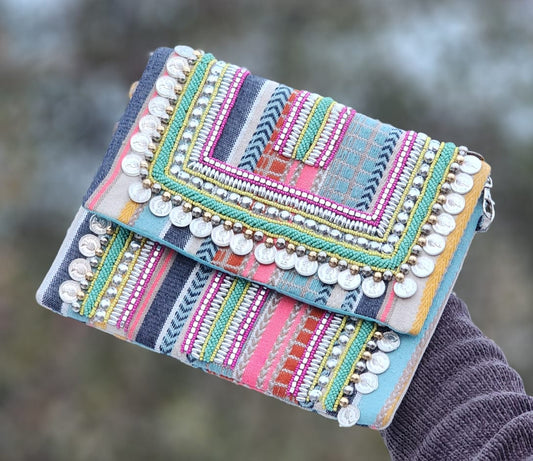 Boho Tribal Shell Embellished Clutch Bag – Navy Blue & Beige