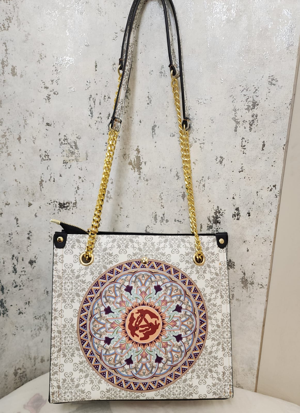 Mandala Art Tote Bag with Gold Chain Strap – Elegant & Ethnic Fusion