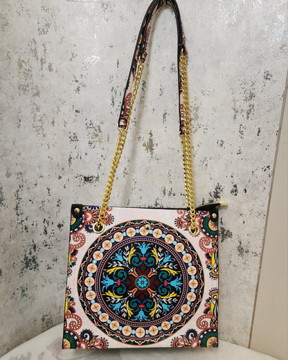 Mandala Art Tote Bag with Gold Chain Strap – Elegant & Ethnic Fusion