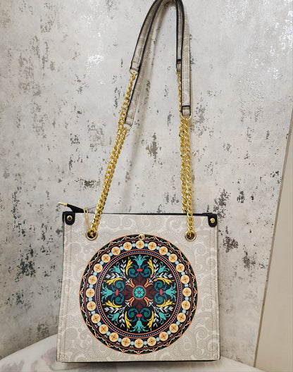 Mandala Art Tote Bag with Gold Chain Strap – Elegant & Ethnic Fusion