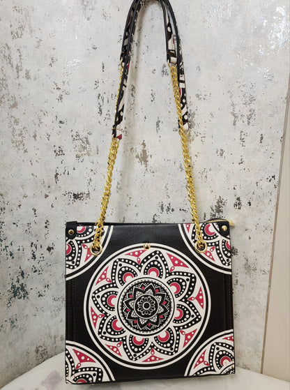Mandala Art Tote Bag with Gold Chain Strap – Elegant & Ethnic Fusion