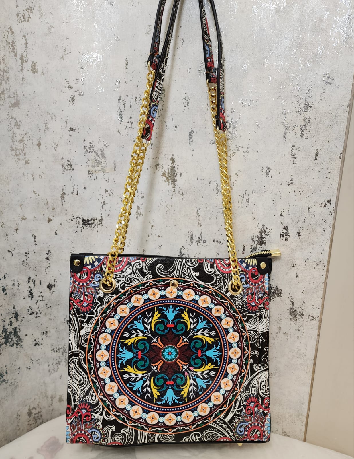 Mandala Art Tote Bag with Gold Chain Strap – Elegant & Ethnic Fusion