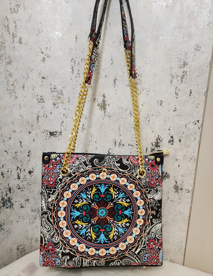 Mandala Art Tote Bag with Gold Chain Strap – Elegant & Ethnic Fusion