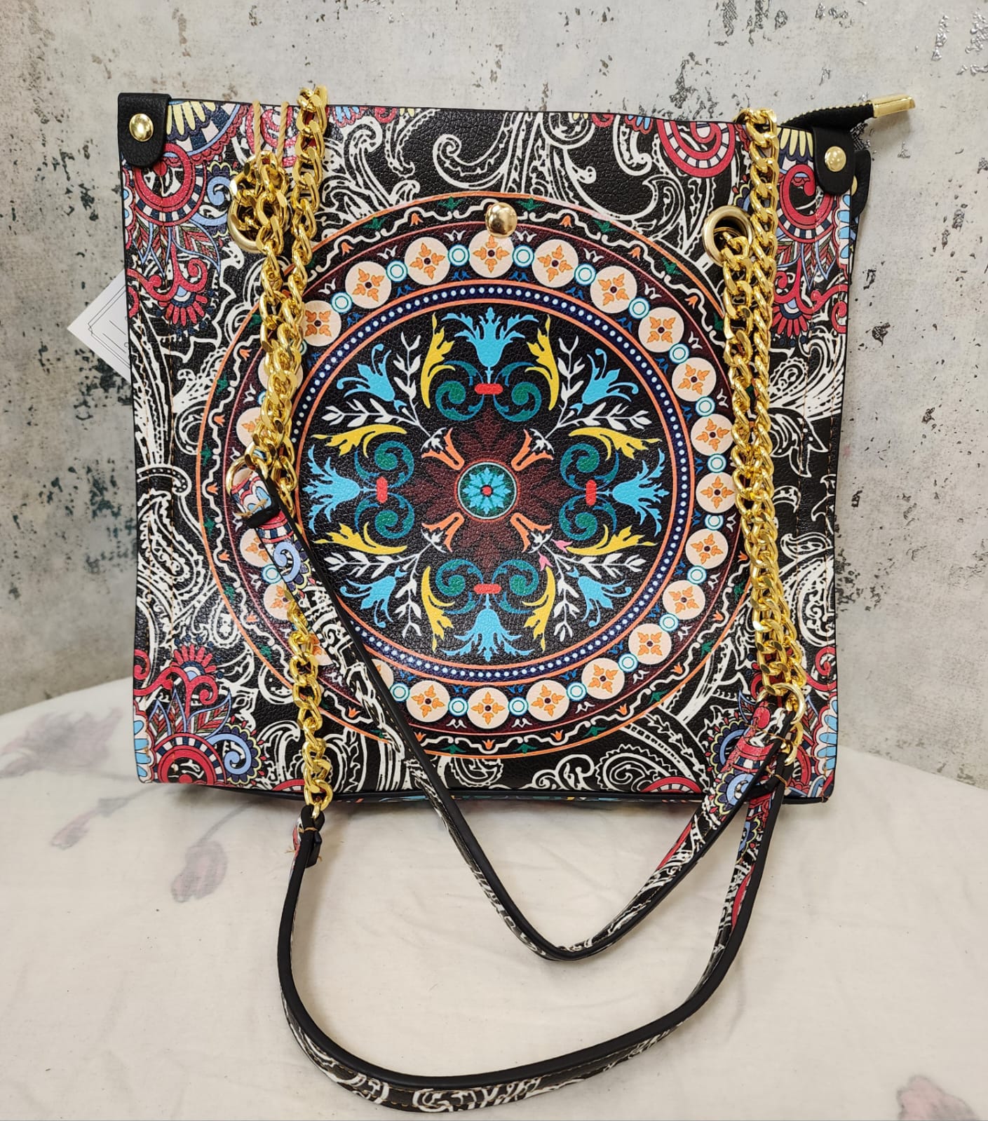 Mandala Art Tote Bag with Gold Chain Strap – Elegant & Ethnic Fusion