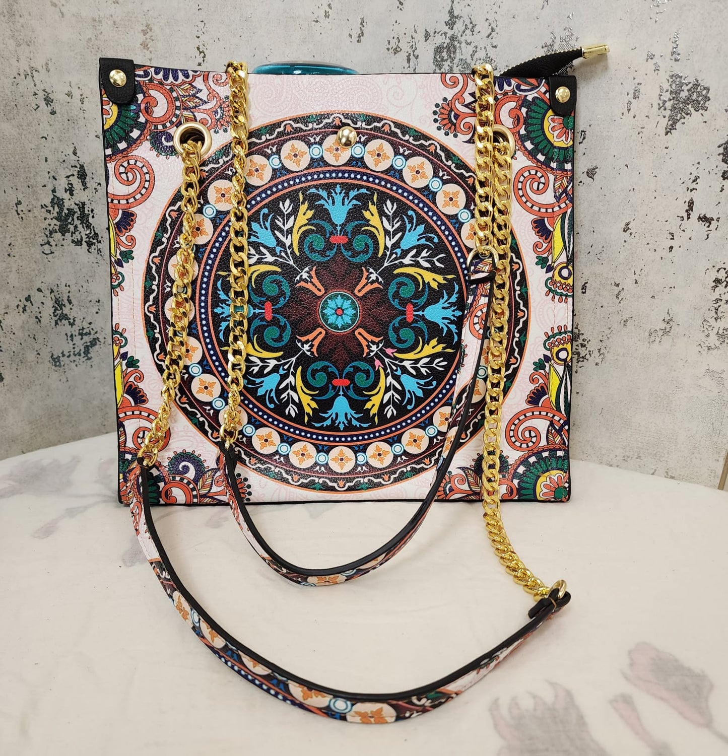 Mandala Art Tote Bag with Gold Chain Strap – Elegant & Ethnic Fusion